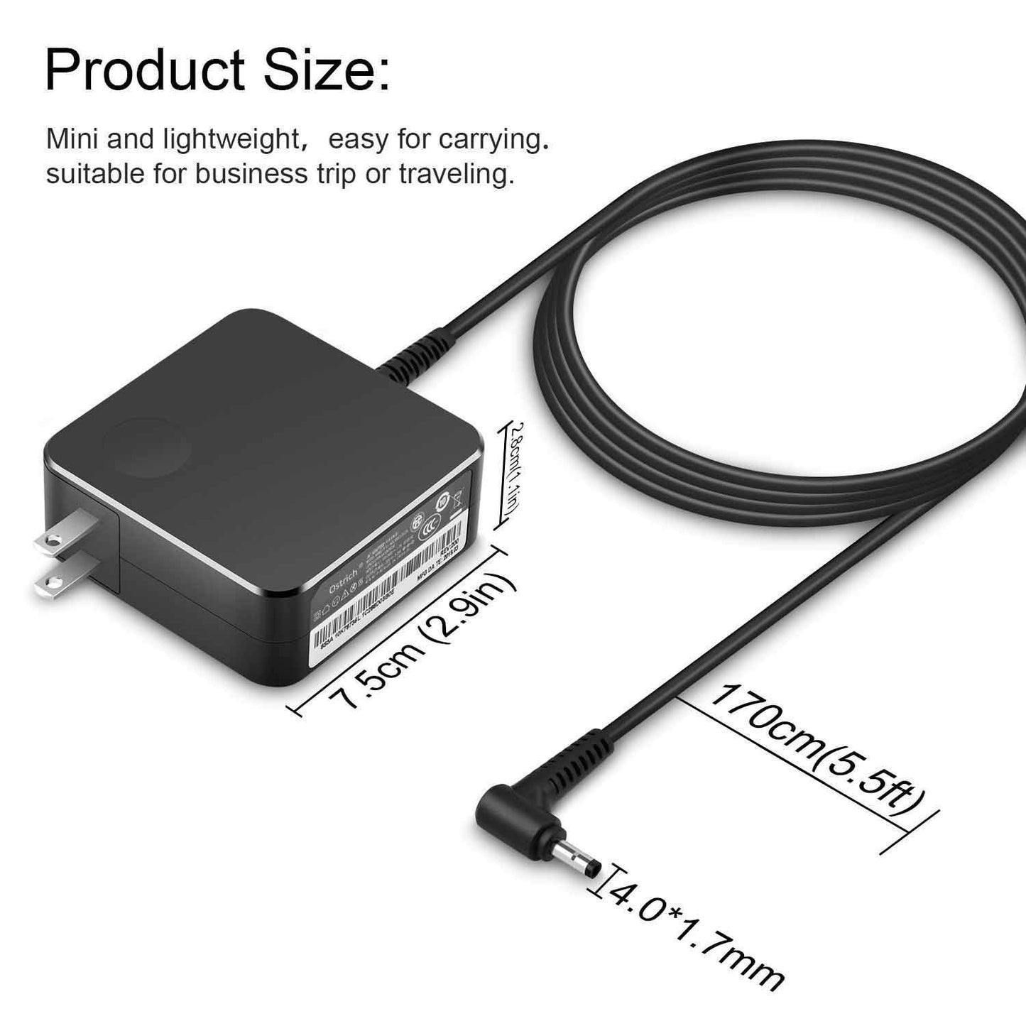 Ostrich Charger Compatible with Lenovo Laptop Computer 65W 45W Round Tip Power Supply AC Adapter