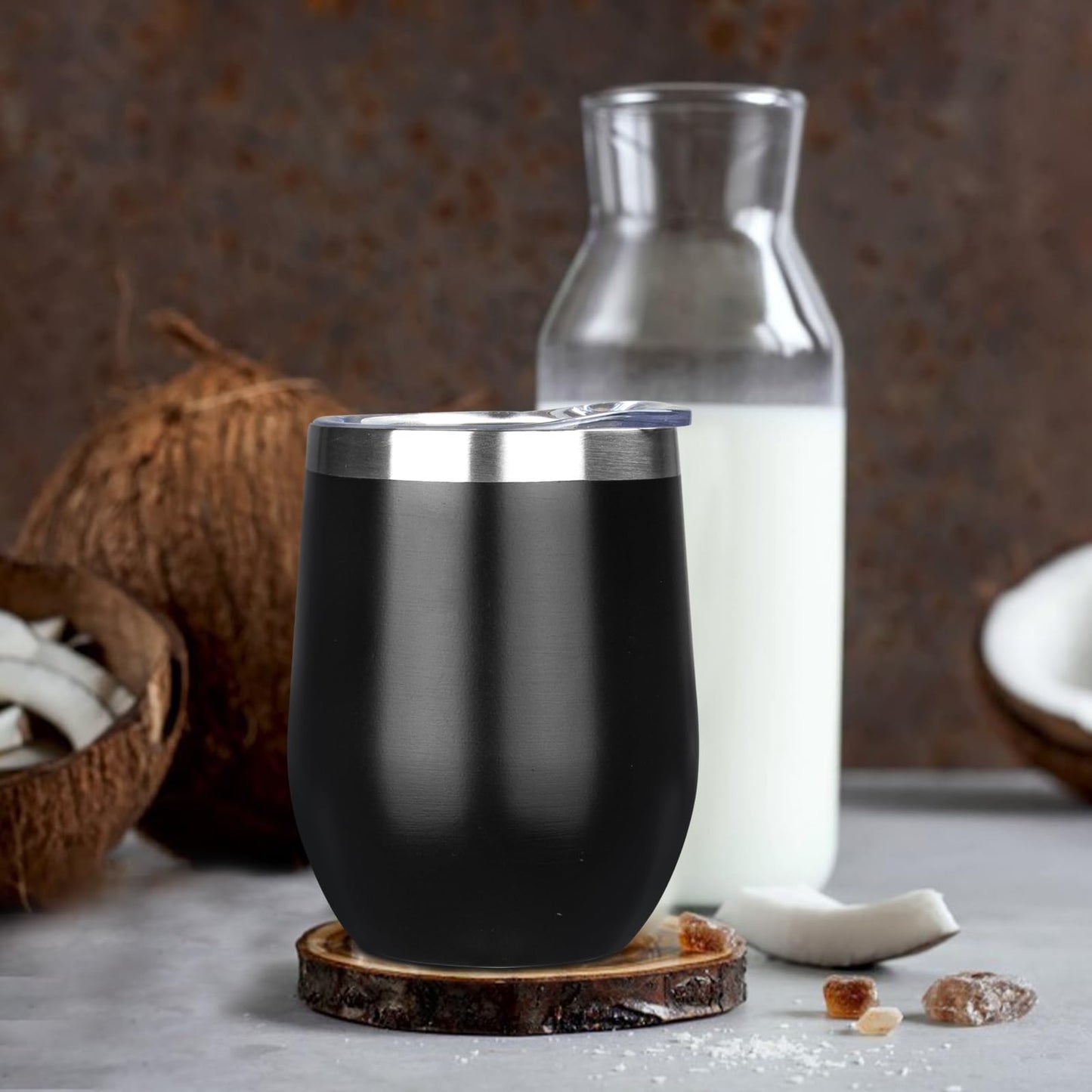 MEZMUT 12 Oz Insulated Wine Tumbler with Lid Double Wall Vacuum Stainless Steel Wine Glass Coffee Mug Insulated Tumbler Cup for Champaign, Cocktail, Beer (Black, 1 Pack)