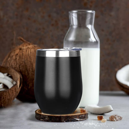 MEZMUT 12 Oz Insulated Wine Tumbler with Lid Double Wall Vacuum Stainless Steel Wine Glass Coffee Mug Insulated Tumbler Cup for Champaign, Cocktail, Beer (Black, 1 Pack)