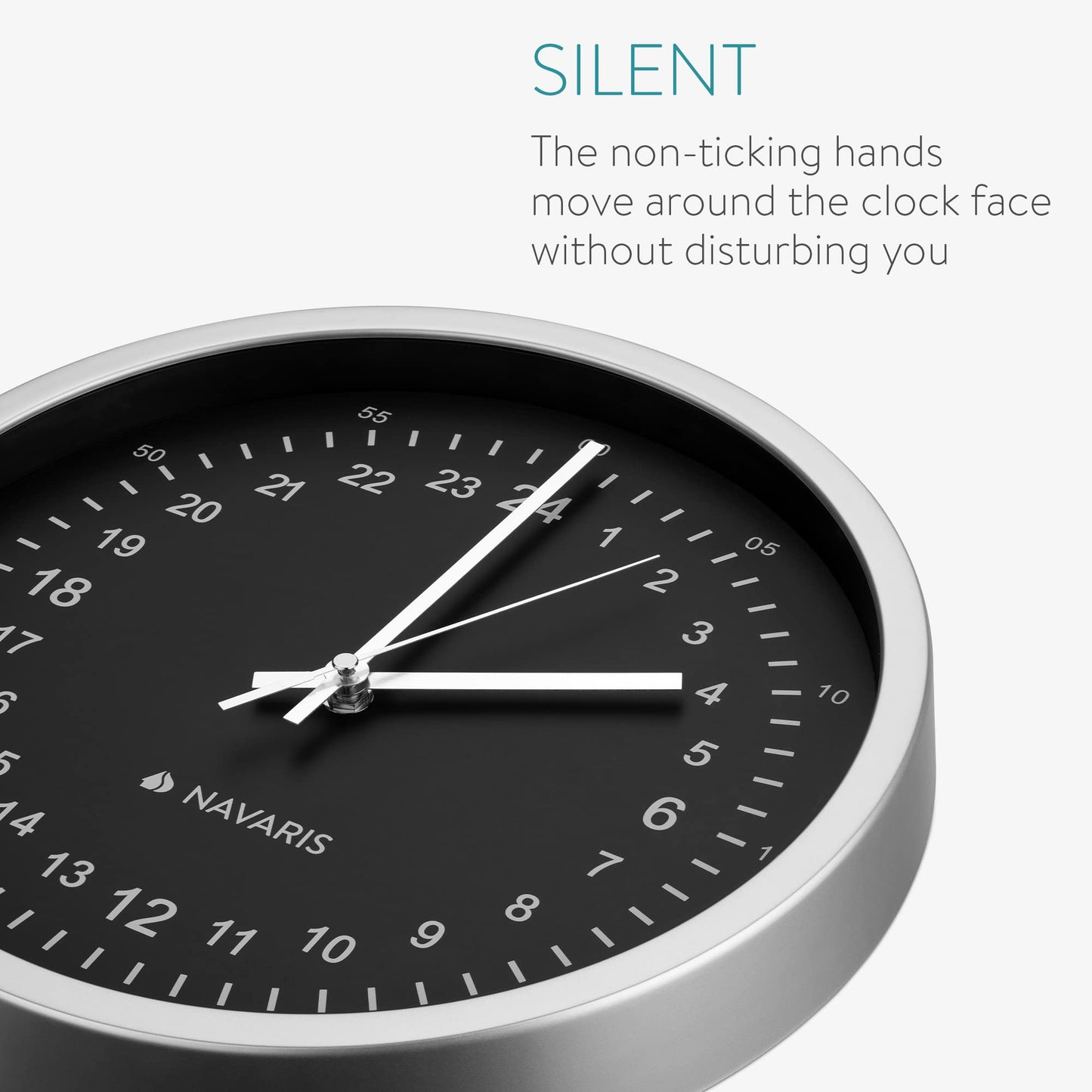 Navaris 24 Hour Wall Clock - 11.8" Analog Military Time Clock with Silent Movement Non-Ticking Hands - Battery Operated - Silver Frame with Black Face