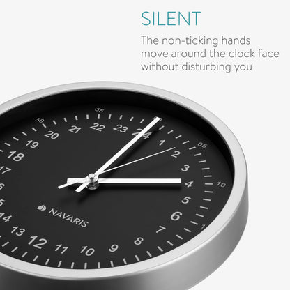 Navaris 24 Hour Wall Clock - 11.8" Analog Military Time Clock with Silent Movement Non-Ticking Hands - Battery Operated - Silver Frame with Black Face