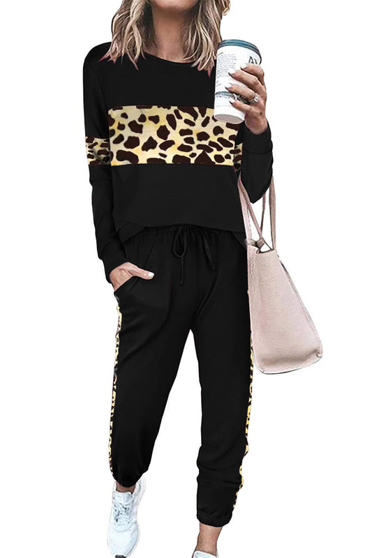 PRETTYGARDEN Womens 2 Piece Sets 2025 Long Sleeve Tops High Waisted Sweatpants Lounge Set Fall Fashion Travel Outfits (Leopard Black,Large)