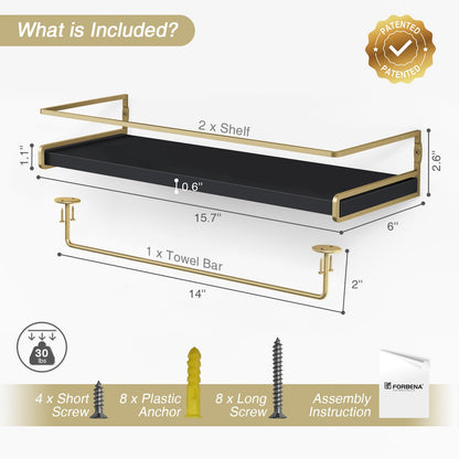 Forbena Black and Gold Floating Shelves for Wall, Bathroom Wall Shelves Over Toilet, Wood Hanging Shelves Wall Mounted for Kitchen Coffee Bar (Black and Gold)