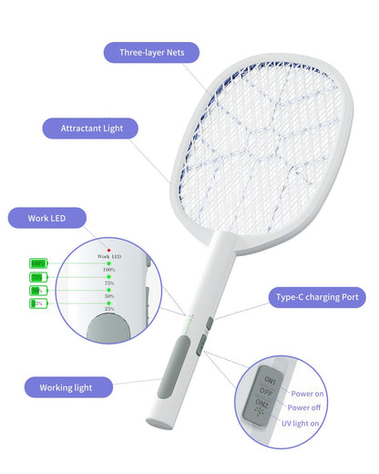 2PACK Electric Fly Swatter,4000V Bug Zapper Racket,2 in 1 Mosquito Zapper Racket with 1200ml Battery Rechargeable Purple Mosquito Killer Lamp with 3 Layers Safety Net Suitable for Indoor and Outdoor