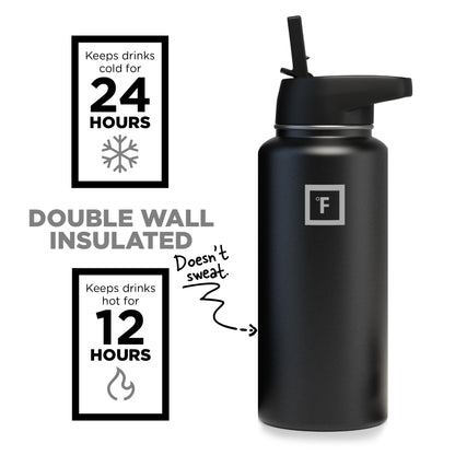 IRON °FLASK Camping & Hiking Hydration Flask with 3 Lids - Stainless Steel, Double Walled & Vacuum Insulated Water Bottle - Leak Proof & BPA Free (Midnight Black, Straw - 32 oz)