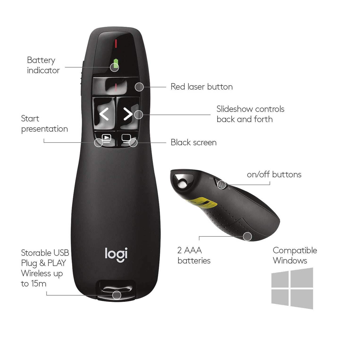 Logitech Wireless Presenter R400, PowerPoint Clicker with Laser Pointer, Wireless Presentation Clicker Remote