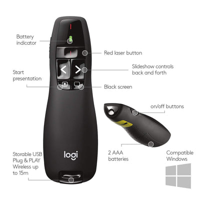 Logitech Wireless Presenter R400, PowerPoint Clicker with Laser Pointer, Wireless Presentation Clicker Remote