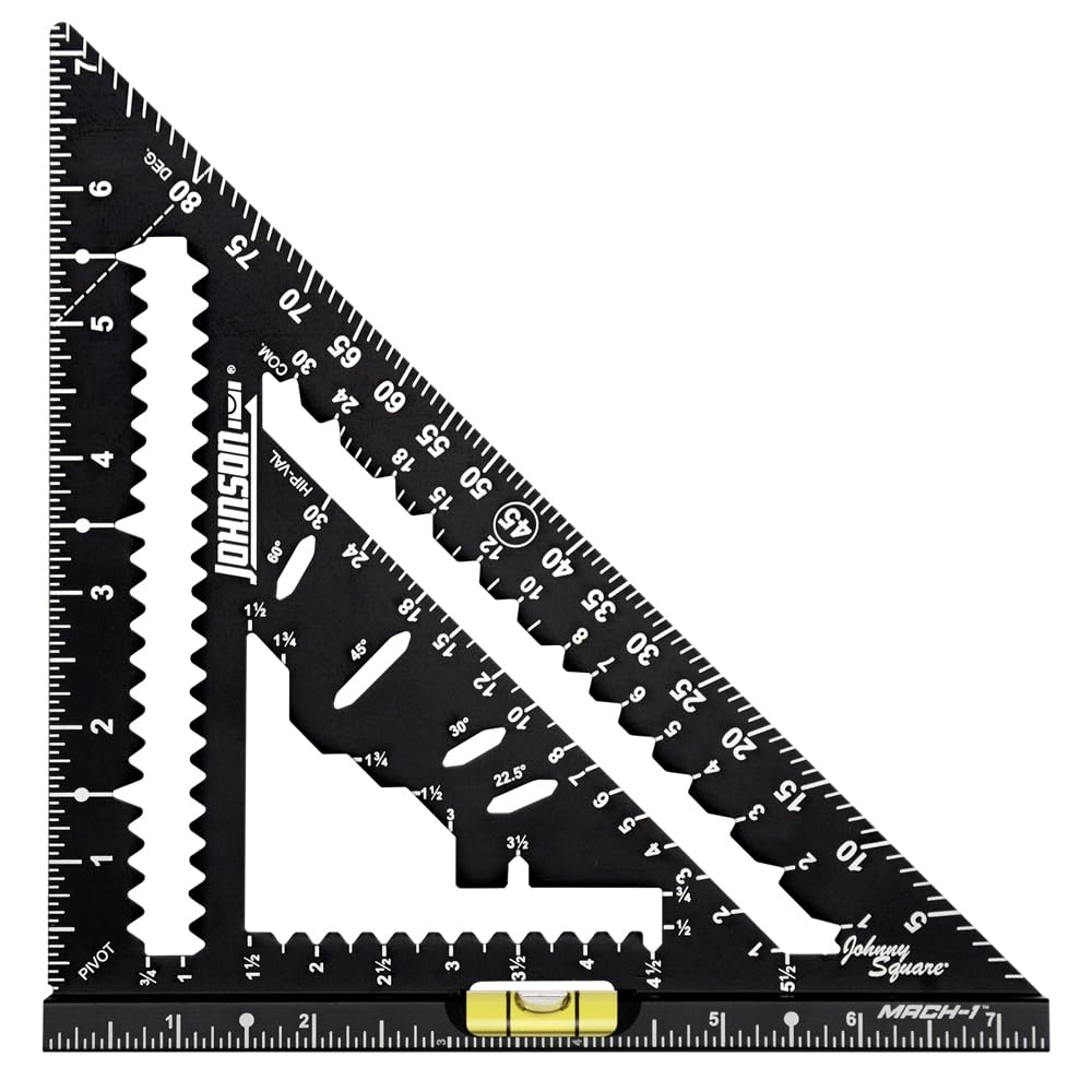 Johnson Level & Tool 1904-0700V 7-1/4" Johnny Square MACH-1 Smart Mark Rafter Square with Level Vial, Black
