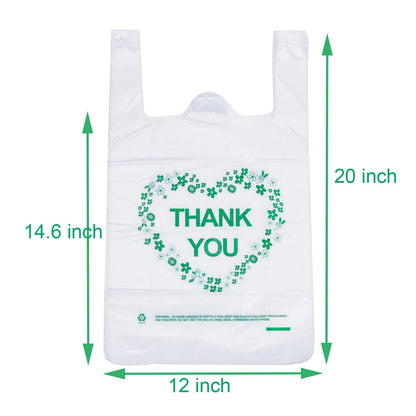 LazyMe Thank You T Shirt Bags White Plastic Grocery Bags with Handles,Standard Supermarket Size, 12 x 20 inch (50 pcs)