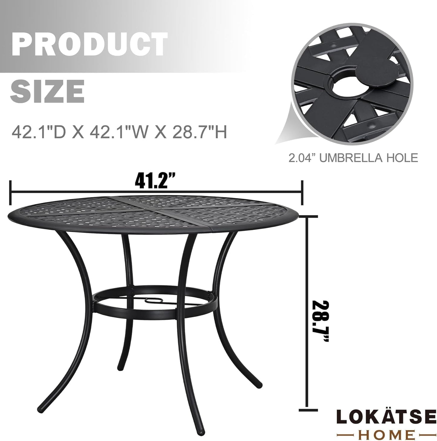 LOKATSE HOME 42.1" Outdoor Patio Round Dining Table with Umbrella Hole, Steel Frame for Backyard Lawn Balcony Deck
