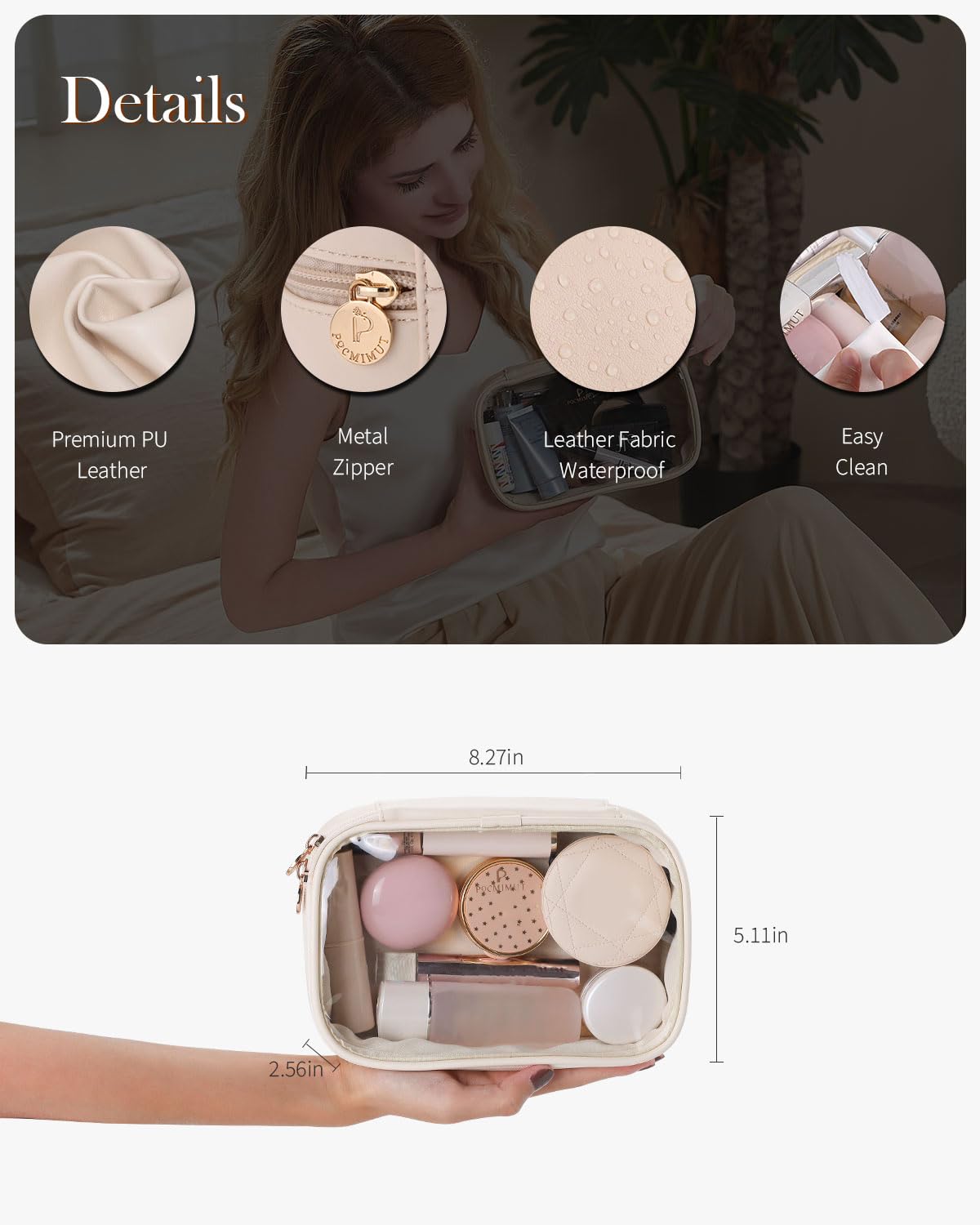 Pocmimut Makeup Bag,Small Makeup Bag TSA Approved Clear Toiletry Bag,Makeup Case Pouches Car Accessories Storage for Women,Travel Essentials Organizers,Beige
