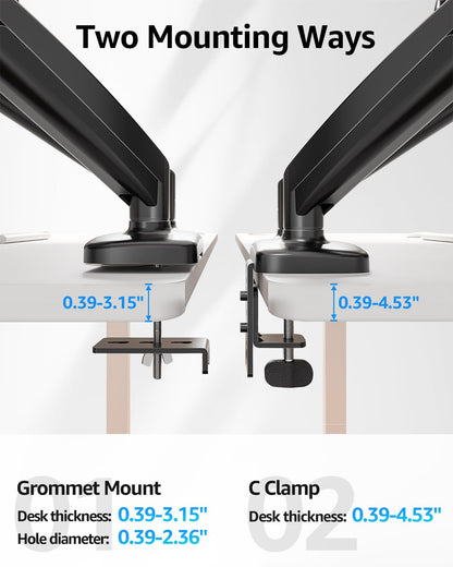MOUNTUP Dual Monitor Stand for Desk, Pneumatic Monitor Arms for 2 Monitors Max 32 Inches, Height Adjustable Double Monitor Mount, VESA Mounts with C-Clamp & Grommet Base, Holds 4.4-17.6lbs, Black