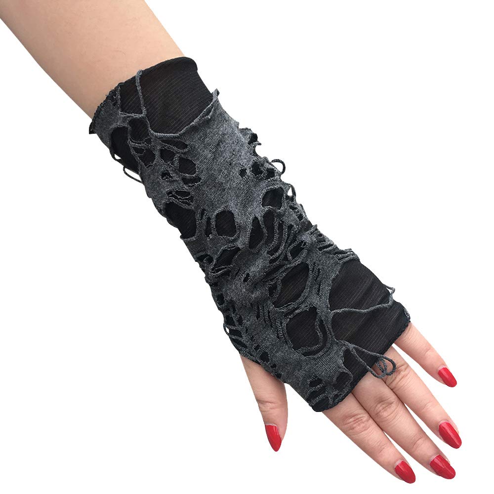 Mrotrida Women's Punk Fingerless Glove Cosplay Ripped Gloves for Halloween Costume Party 1Pair (Black Short Style)