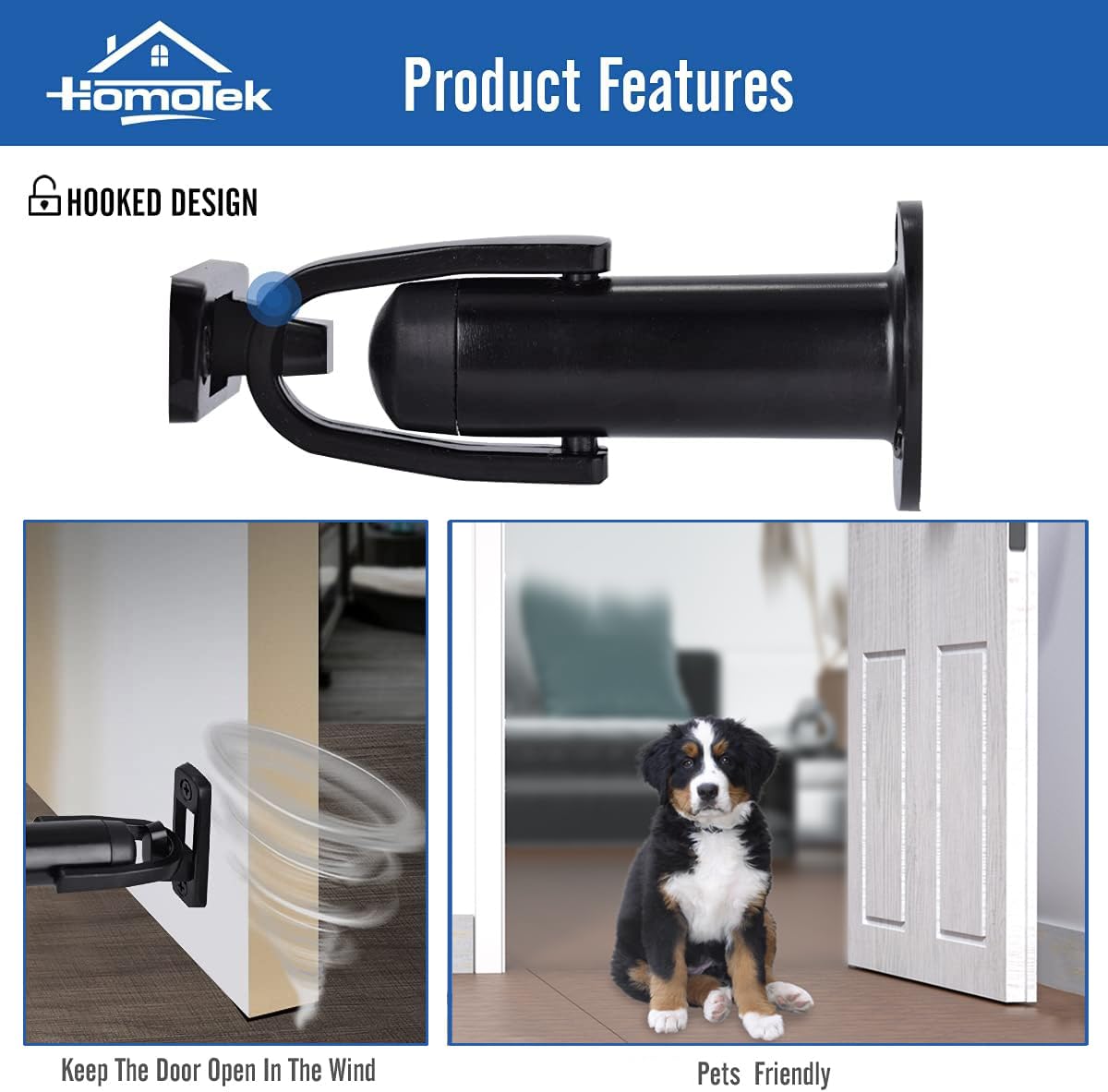 HOMOTEK 2 Pack Heavy Duty Door Stopper with Manual Hook,Door Holder Stop with Sound Dampening Rubber Bumper Wall Mounted, Black