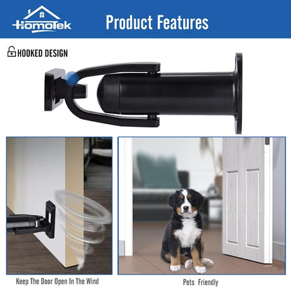 HOMOTEK 2 Pack Heavy Duty Door Stopper with Manual Hook,Door Holder Stop with Sound Dampening Rubber Bumper Wall Mounted, Black