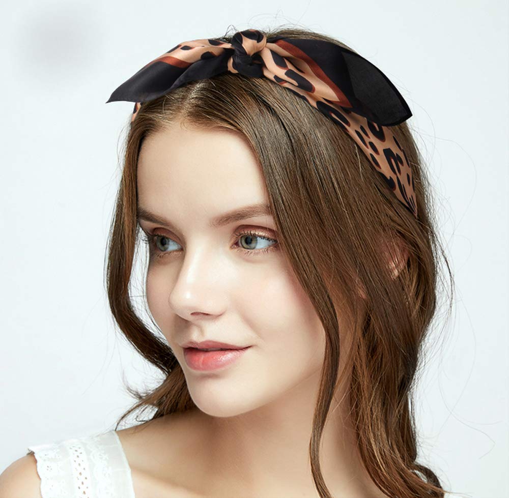 GERINLY Animal Print Scarfs for Women Leopard Neck Scarf Satin Head Scarves for Ponytail Brown Silk Purse Charm(Leopard)