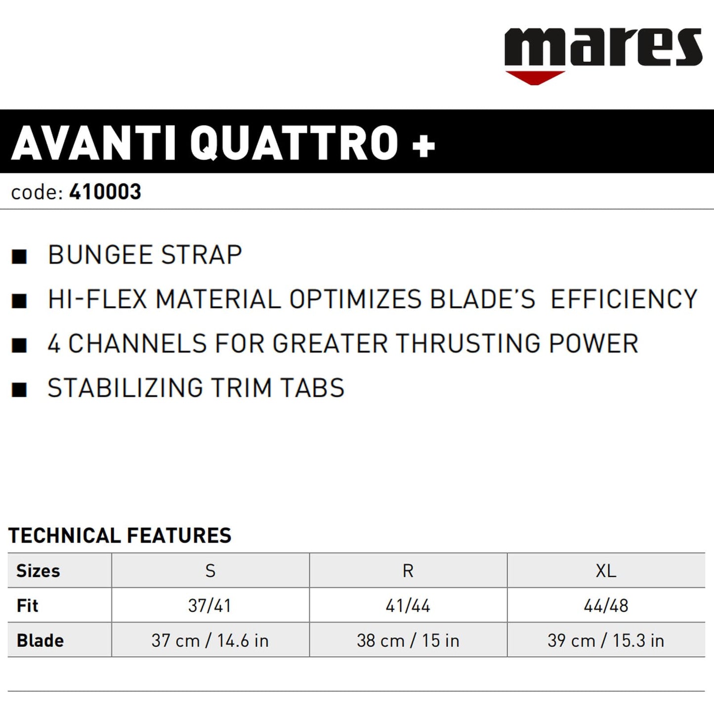 Mares Unisex Adults Avanti Quattro + Diving Fins - Durable Efficient Versatile Open-Heel Scuba Fins with Four-Channel Design & Bungee Strap, Black, Regular