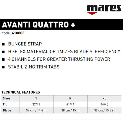 Mares Unisex Adults Avanti Quattro + Diving Fins - Durable Efficient Versatile Open-Heel Scuba Fins with Four-Channel Design & Bungee Strap, Black, Regular