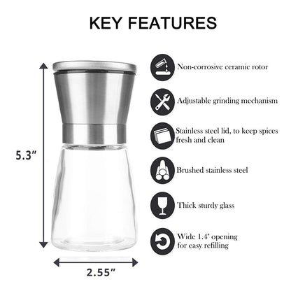 Mincham Manual Salt or Pepper Grinder for Professional Chef, Best Spice Mill with Stainless Steel Cap, Ceramic Blades and Adjustable Coarseness, Refillable Glass Body with 6OZ Capacity