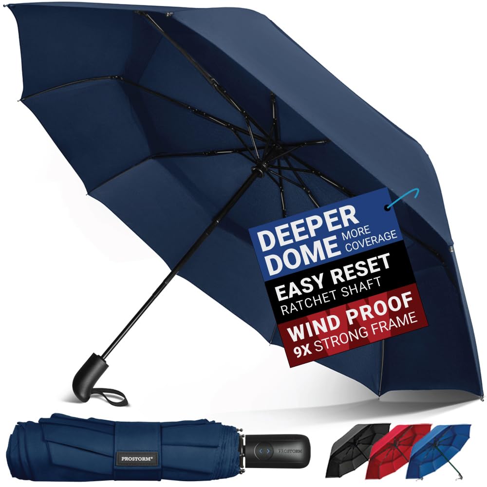 PROSTORM Vented Travel Umbrella | Strong Compact Windproof Umbrella | Top Pick by Wirecutter 2025 | Deep Dome Coverage | Automatic Open/Close | Portable Pop Up with Large Coverage | Fits Car & Backpack (Blue)