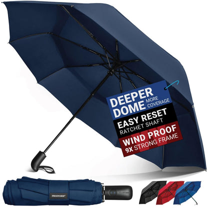 PROSTORM Vented Travel Umbrella | Strong Compact Windproof Umbrella | Top Pick by Wirecutter 2025 | Deep Dome Coverage | Automatic Open/Close | Portable Pop Up with Large Coverage | Fits Car & Backpack (Blue)