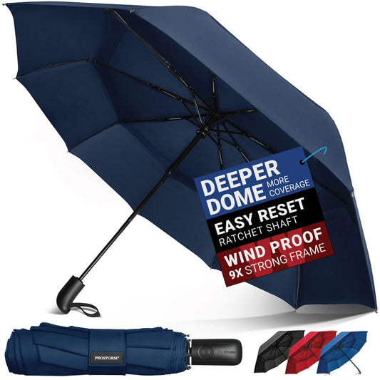 PROSTORM Vented Travel Umbrella | Strong Compact Windproof Umbrella | Top Pick by Wirecutter 2025 | Deep Dome Coverage | Automatic Open/Close | Portable Pop Up with Large Coverage | Fits Car & Backpack (Blue)
