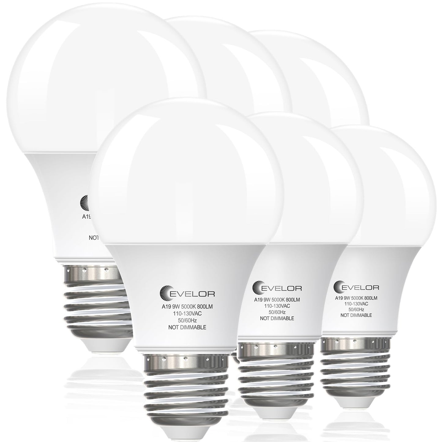 evelor 6-Pack A19 LED Light Bulbs,60 Watt Equivalent Daylight 5000K with E26 Base,Efficient 9W,800 Lumens Non-Dimmable LED Bulbs,15000 Hours, Ideal for Bedroom Living Room