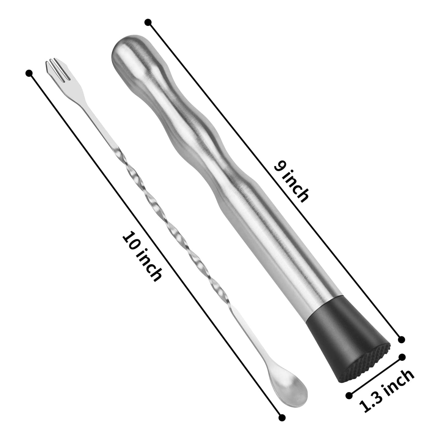 Muddler for Cocktails Bar Spoon - Vaincre 2PCS 9" Muddler and 10” Mixing Spoon Cocktail Mixing Stirrer, Stainless Steel Bar Accessories Tools Long Drink Stirrer Bartender Gifts for Mojitos Drinks