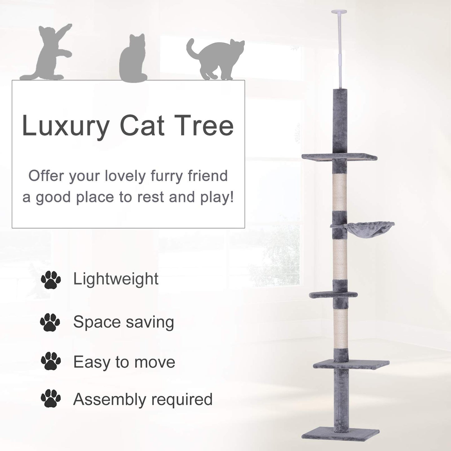 PawHut 8.5' Adjustable Height Floor-to-Ceiling Vertical Cat Tree, 5 Level Cat Climbing Tower, Gray