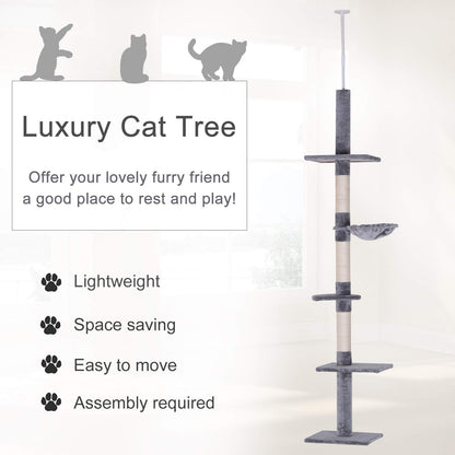 PawHut 8.5' Adjustable Height Floor-to-Ceiling Vertical Cat Tree, 5 Level Cat Climbing Tower, Gray