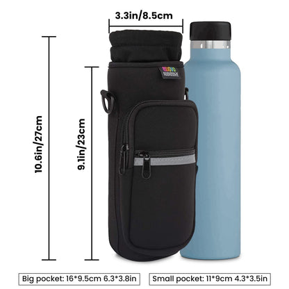 Nuovoware Water Bottle Carrier Bag, 25oz/32oz Bottle Pouch Holder, Adjustable Shoulder Hand Strap 2 Pocket Sling Neoprene Sleeve Sports Accessories for Hiking Travelling Camping, Black