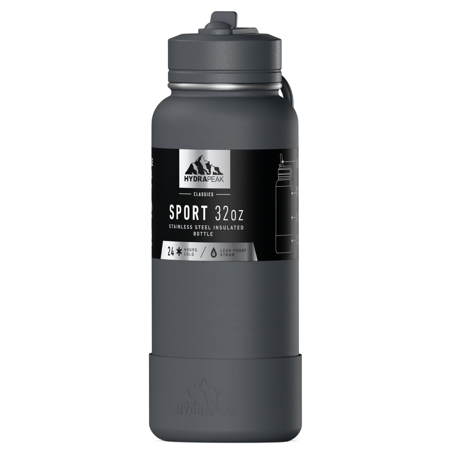 Hydrapeak 32oz Sport Insulated Water Bottle with Straw or Chug Lid, Leak & Spill Proof, Keeps Drinks Cold for 24 Hours, Hot for 12 Hours (Grey Matter)
