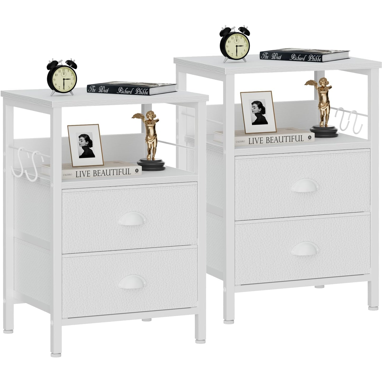 Furologee Nightstands Set of 2, End Table with 2 Fabric Drawers, Night Stand with 2 Hooks, Open Wood Shelf Bedside Table for Bedroom/Living Room/White