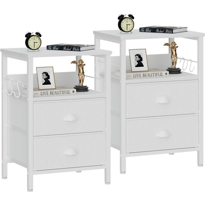 Furologee Nightstands Set of 2, End Table with 2 Fabric Drawers, Night Stand with 2 Hooks, Open Wood Shelf Bedside Table for Bedroom/Living Room/White