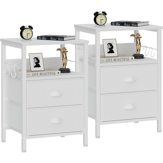 Furologee Nightstands Set of 2, End Table with 2 Fabric Drawers, Night Stand with 2 Hooks, Open Wood Shelf Bedside Table for Bedroom/Living Room/White