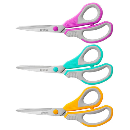 QMVESS 8.5" Scissors All Purpose 3 Pack, Ultra Sharp 2.5mm Thick Blade Scissors for Office, Professional Ergonomic Comfort Grip for Office School Home Fabric Sewing DIY Craft Cutting General Use