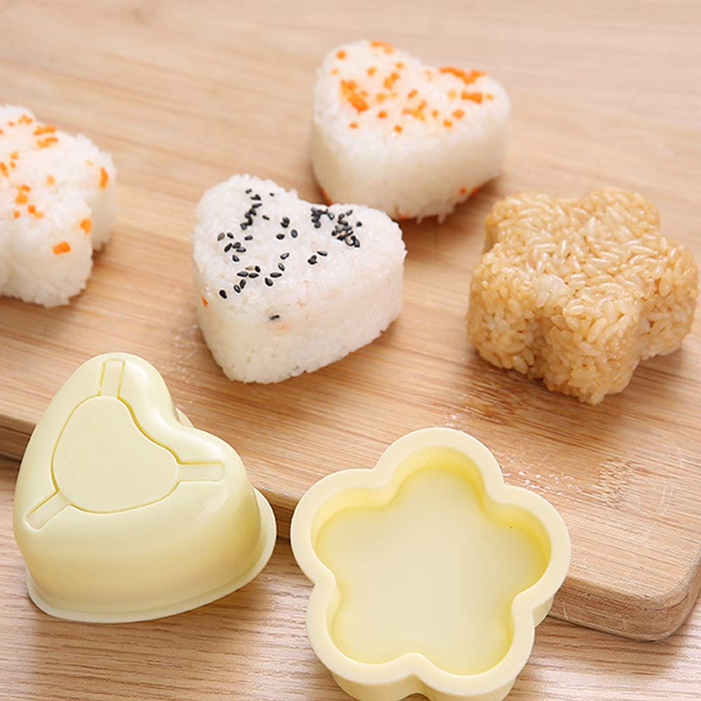 5 Pack Onigiri Sushi Making Mold, Triangle Sushi Press (Large & Small), Heart and Plum Blossom Shaped Sushi Rice Mold, Double Cylindrical Connectors Sushi Maker with 2 Small Rice Paddle