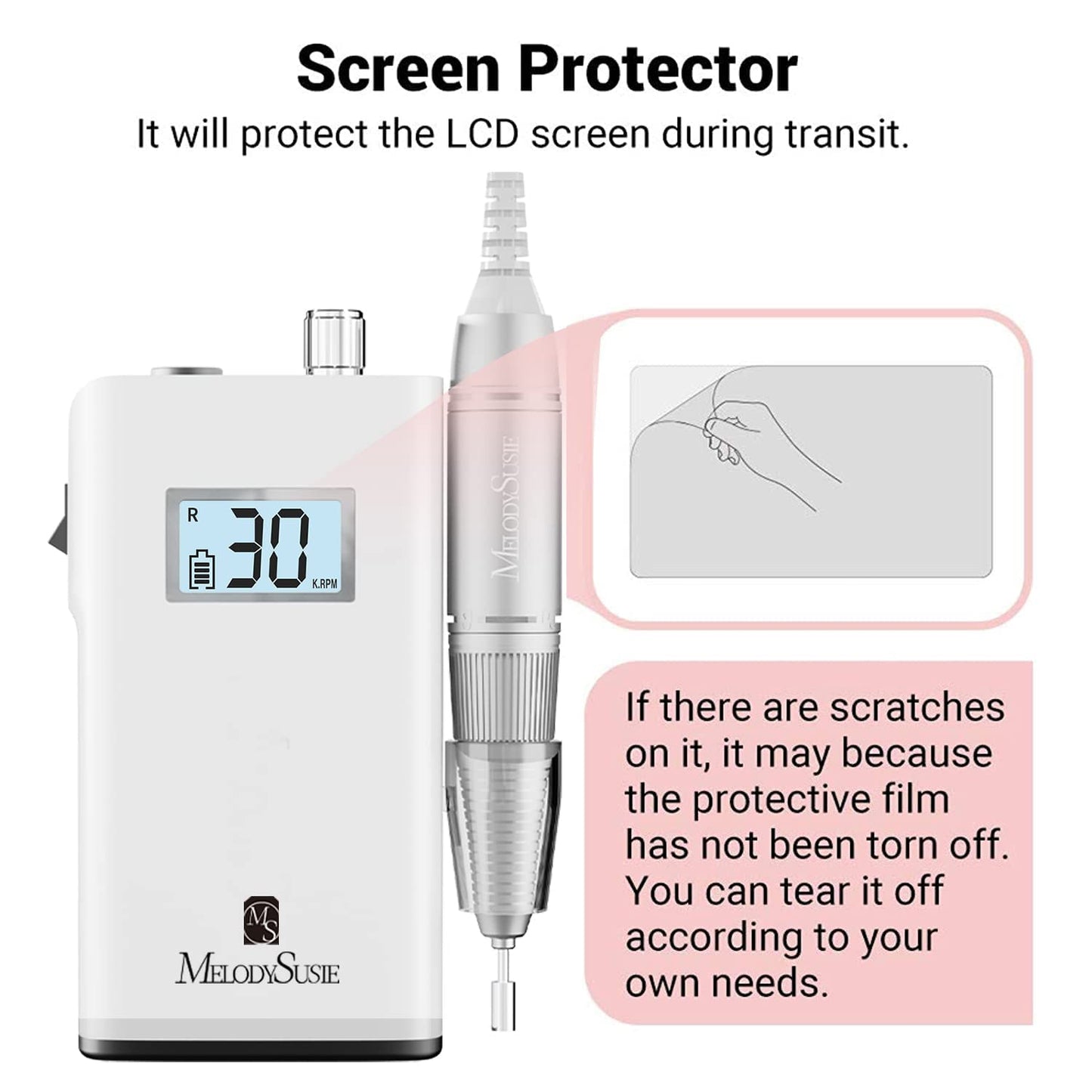 MelodySusie Professional Rechargeable 30000 rpm Nail Drill,SC320H Portable Electric E File Scamander, Acrylic Gel Grinder Tools with 6 Bits and Sanding Bands for Manicure Pedicure Carve Polish (White)