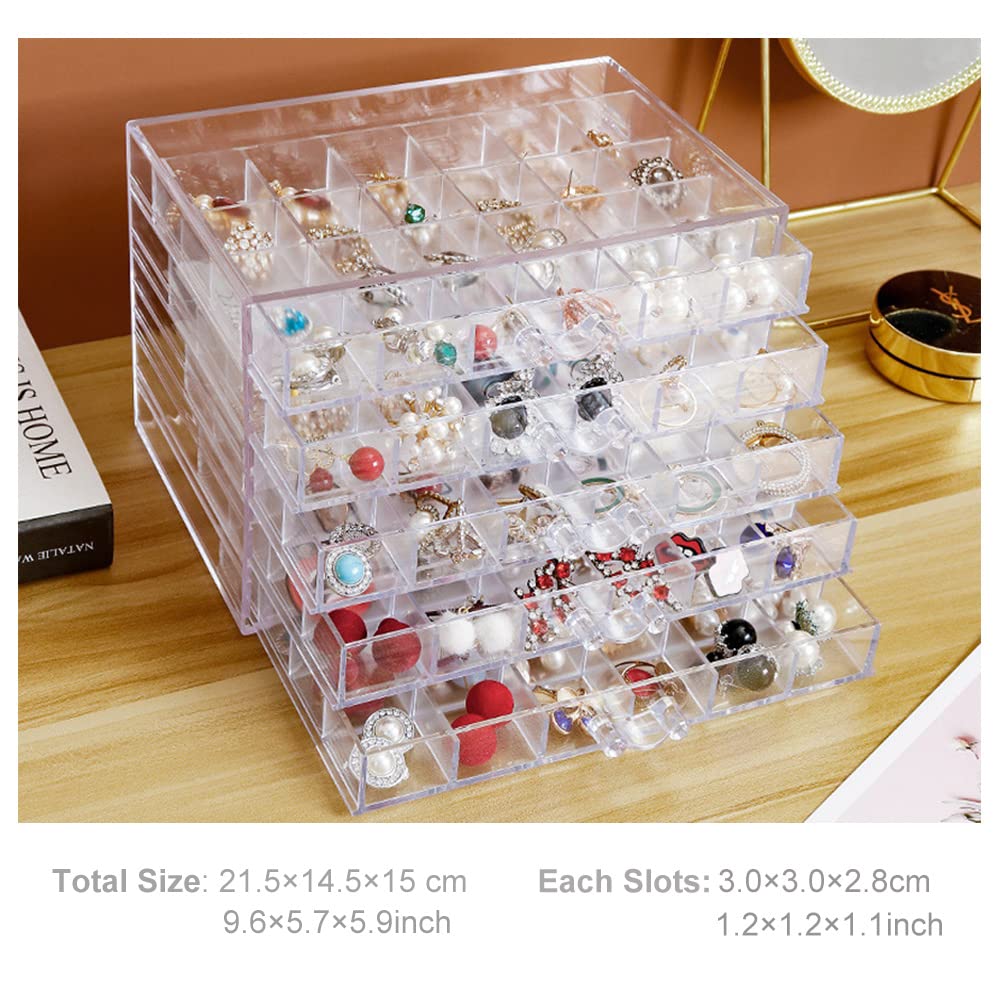 QIYUSHRY Earring Storage Box Acrylic Jewelry Storage Holder Ring Clear Plastic Transparent Jewelry Display Stand with 5 Drawers 120 Small Compartment Tray for Women Girls
