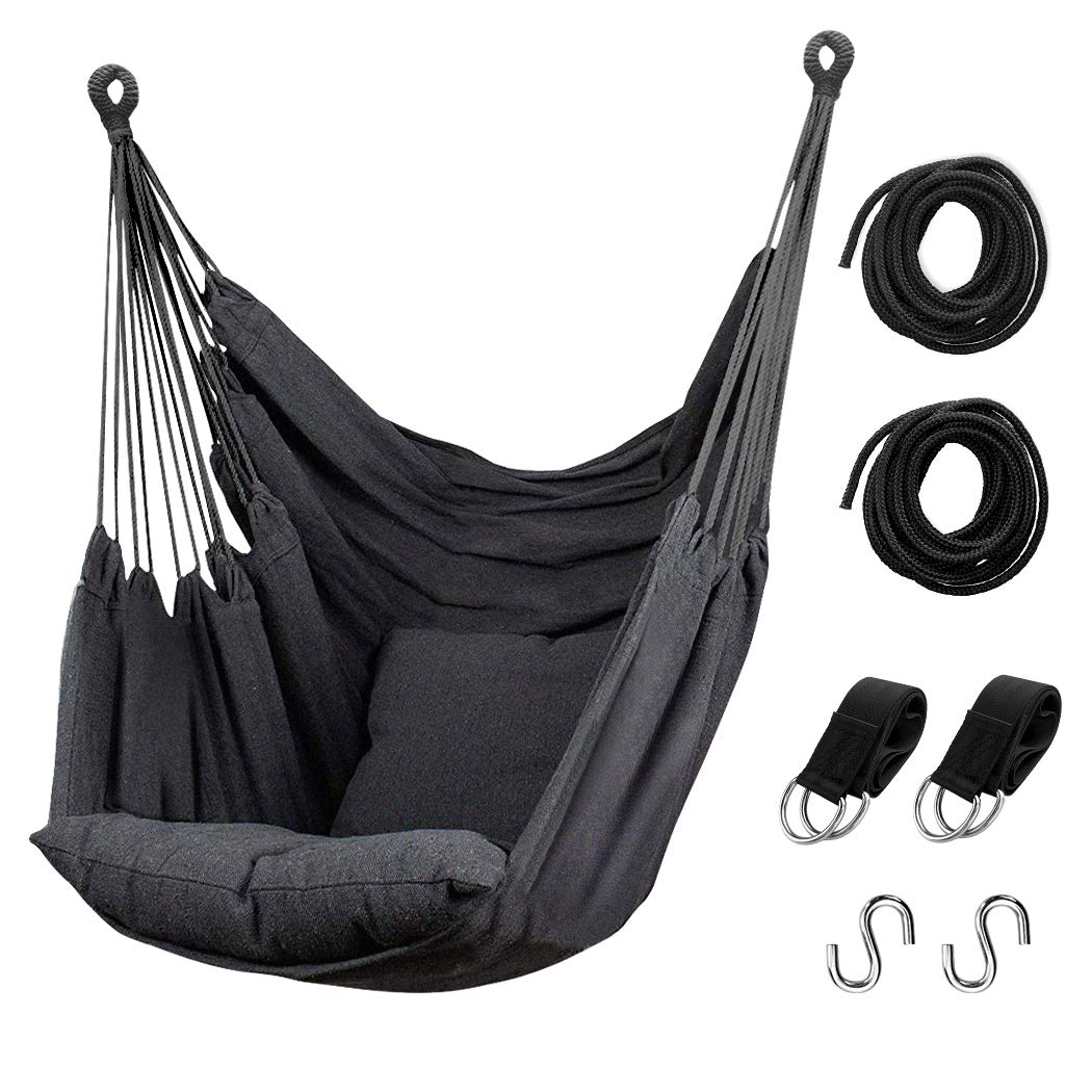 Hommtina Hammock Chair Hanging Rope Swing, Max 300 Lbs Hanging Chair with Pocket & Durability Perfect for Outdoor, Home, Bedroom, Patio, Yard (Pillows NOT Included,Dark Gray)