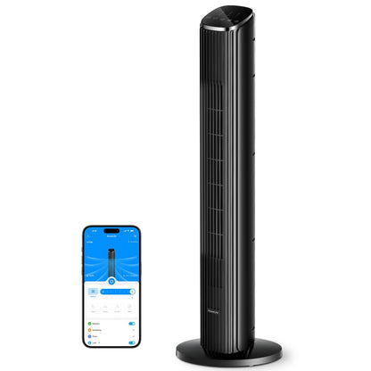 GoveeLife Black Tower Fan for Bedroom, 36" Smart Floor Fan with App/Voice Control, Temperature Sensor, 5 Modes 8 Speeds(25ft/s), 29dB Quiet Oscillating Fan for Office, 24H Timer, Auto Cooling