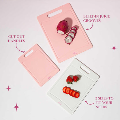 Paris Hilton Cutting Boards, Dual-Sided Cutting Board Set with Built-in Juice Grooves, Easy-Grip Handles, Heavy-Duty Plastic Made without BPA, Dishwasher Safe, 3-Piece Set, Pink and Cream