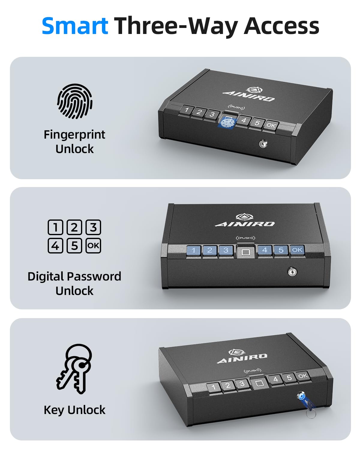 AINIRO Gun Safe for Pistols - Biometric Gun Safe for Handgun, Quick-Access Gun Lock with Fingerprint Identification or Key Pad, Storage Home Bedside Nightstand Car