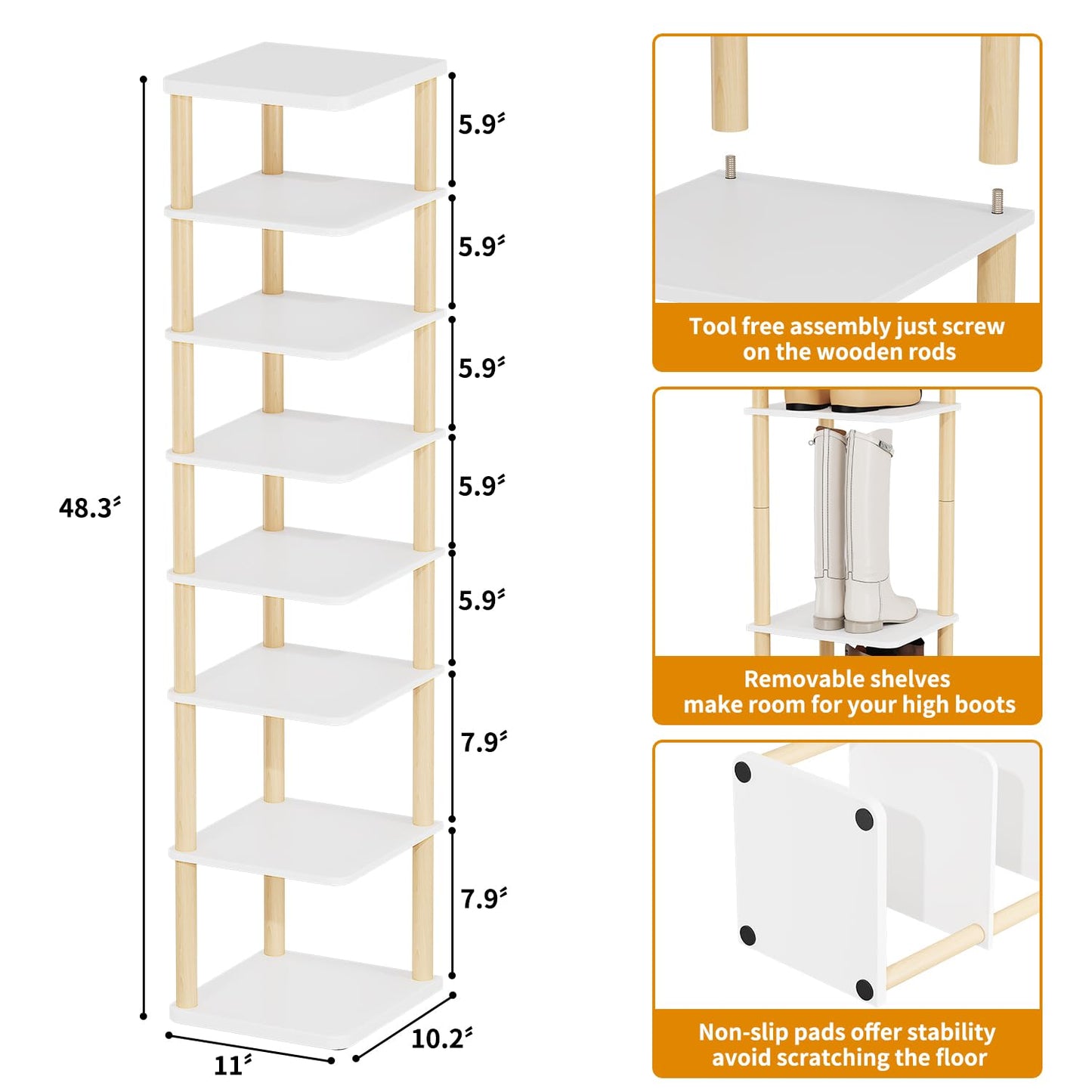 LUCKNOCK Vertical Shoe Rack, 8-Tier Tall Narrow Shoe Organizer for Entryway, Closet, Dorm & Small Spaces, Freestanding White Wooden Shoe Shelf Tower for Boots, Sneakers, Heels.