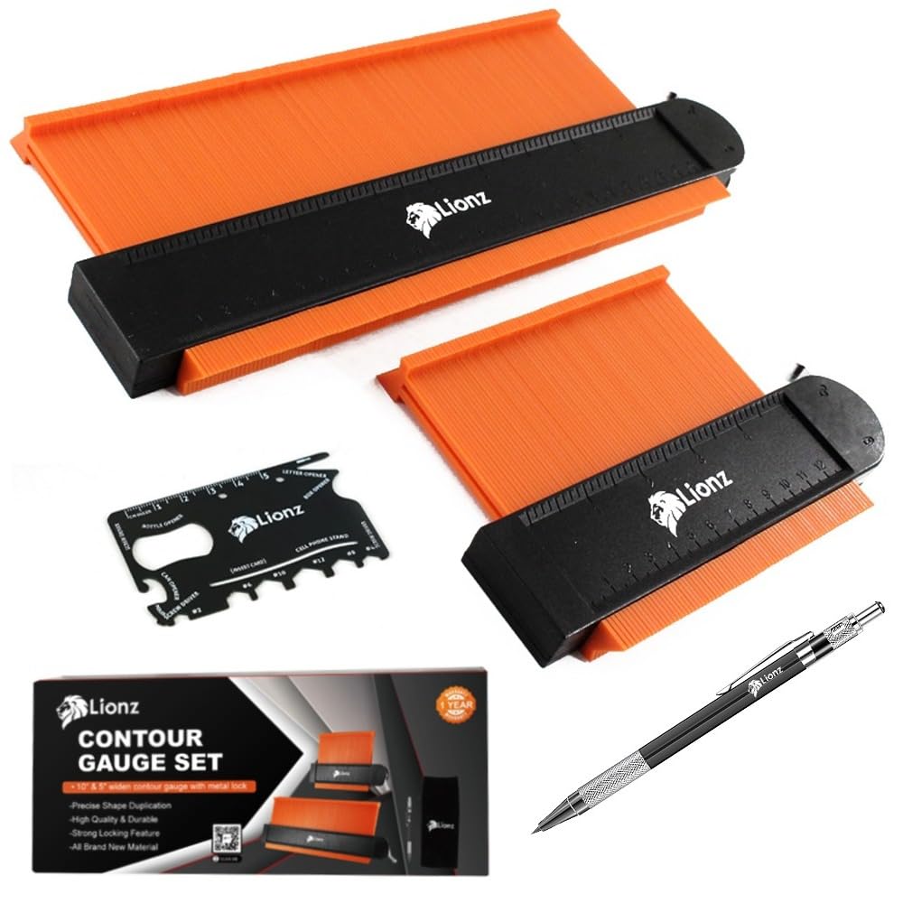 Lionz Contour Gauge with Lock, Mechanical pencil, and multifunction Tool 10+5 Inch, Super Gauge Shape and Outline tool to Copy Angles and Odd Shapes - Gift for Men, Handyman, DIY, Construction.