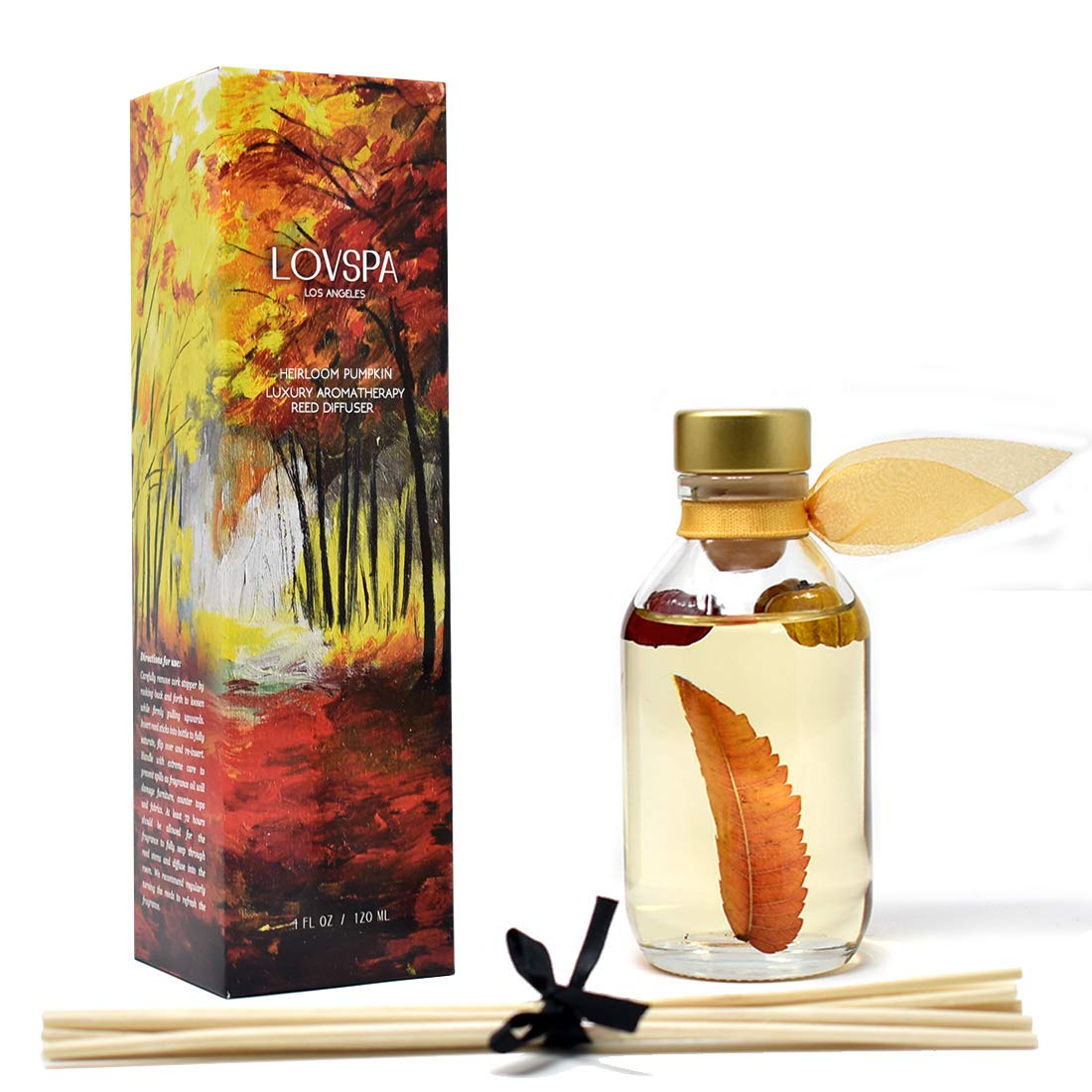 LOVSPA Reed Diffuser Set, Heirloom Pumpkim Scented Oil Diffuser with Sticks, Home Fragrance Accessories for Bathroom Shelf Decor, Aroma Diffusers for Home or Office Fall Decor, USA Made