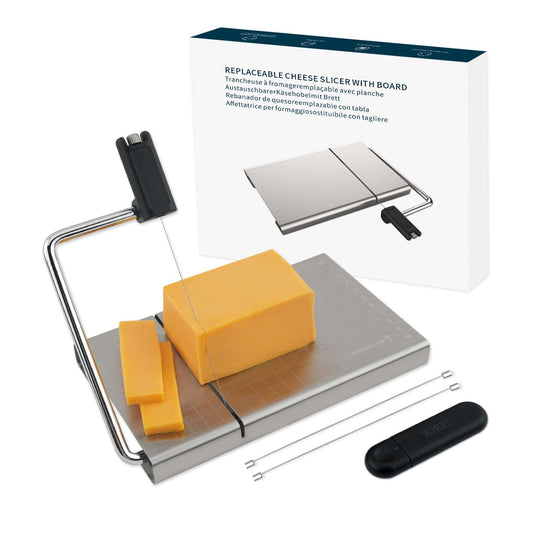 KITCHENDAO Replaceable Wire Cheese Slicer with Board and Measuring Grids,Tightness Adjustable Cheese Slicer, Stainless Steel Metal Cheese Cutter for Block Cheese, Dishwasher Safe, with 2 Extra Wires