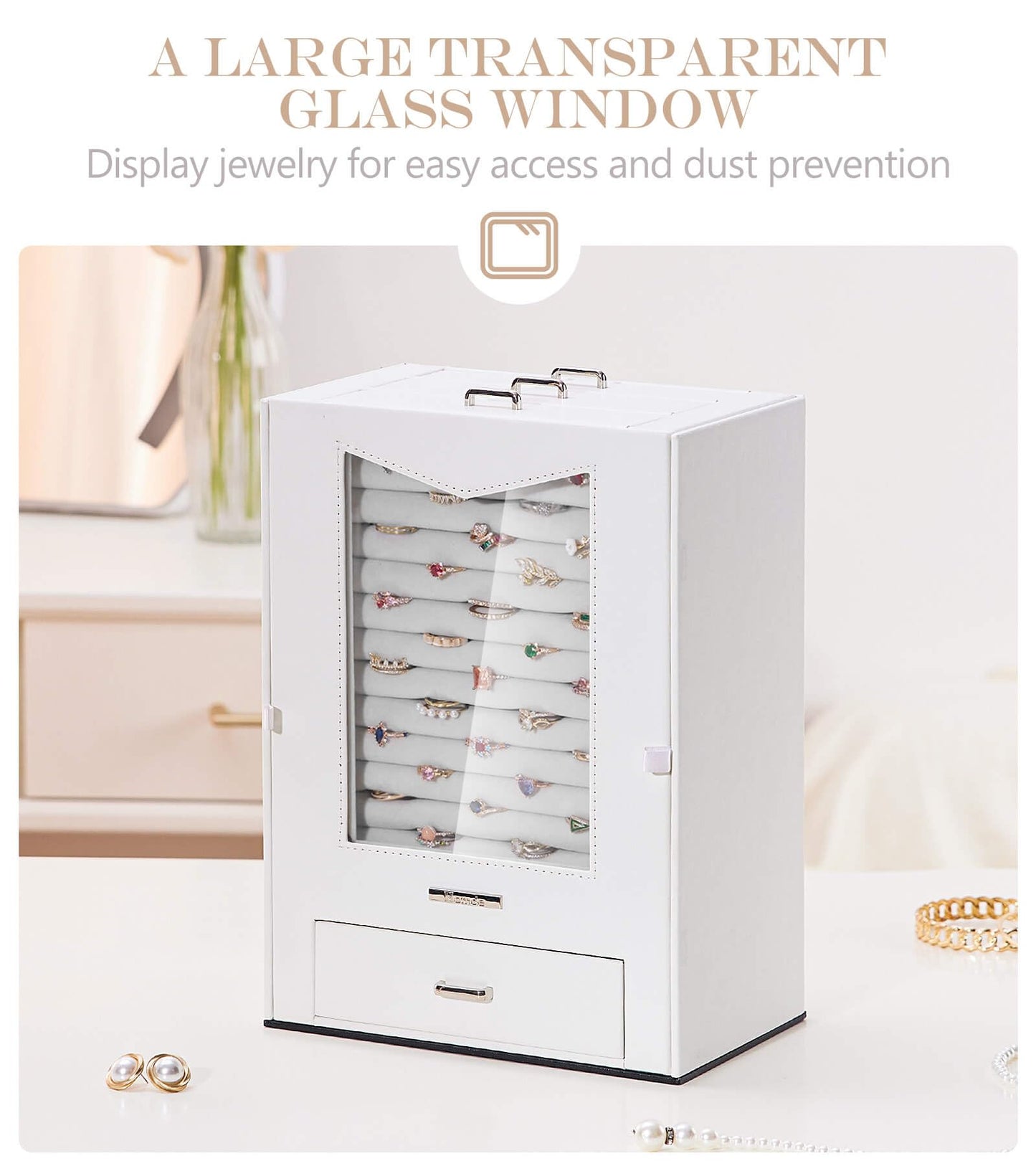 Homde Jewelry Organizer with Transparent Window Necklace Hooks Gift for Women Jewelry Box Display Case for Necklaces Rings Earrings Bracelets and Other Jewelry Accessories (White)