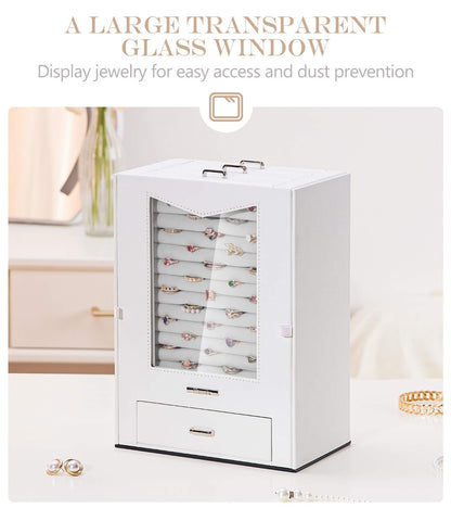 Homde Jewelry Organizer with Transparent Window Necklace Hooks Gift for Women Jewelry Box Display Case for Necklaces Rings Earrings Bracelets and Other Jewelry Accessories (White)