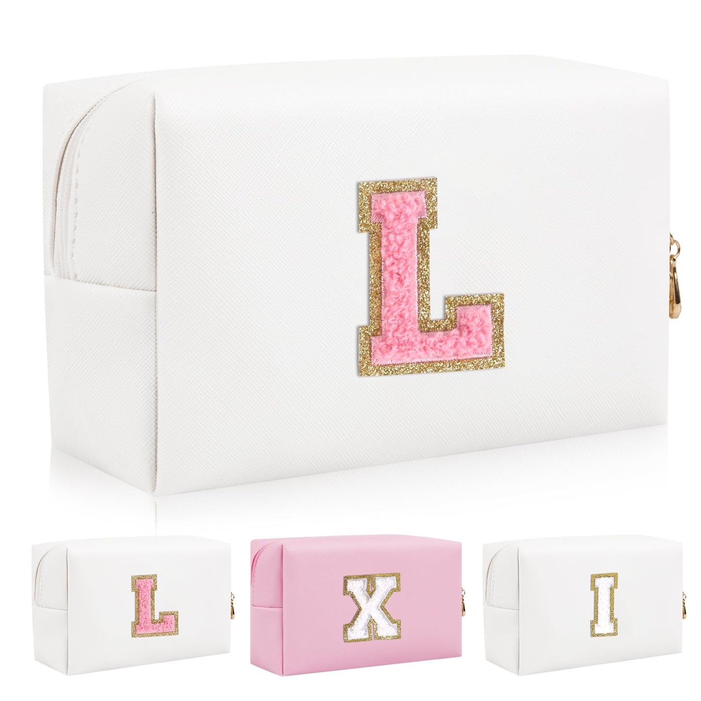 Personalized Initial Patch Makeup Bag, Preppy Portable Chenille Letter Cosmetic Bag With Zipper, PU Leather Waterproof Travel Toiletry Bag Monogram Make Up Pouch for Women Girls (Letter L)